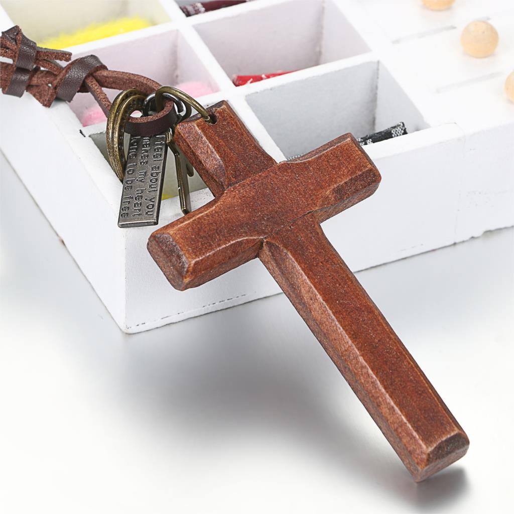 Vintage Wood Cross Adjustable Leather Necklace